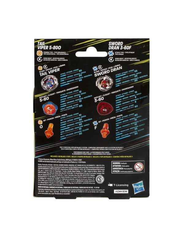 Beyblade X Tail Viper 5-80O y Sword Dran 3-60F - Juego doble con 2 tapas giratorias a la derecha; juguetes de batalla para niños y niñas de 8 años